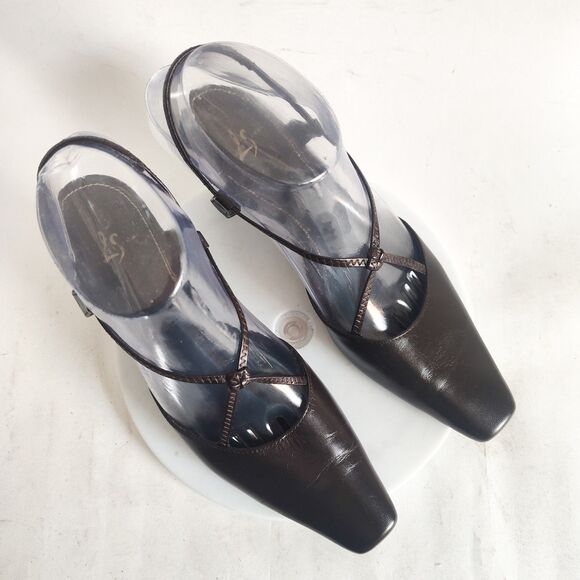 90s Y2K Life Stride Heels 8 Narrow Brown Pointy Square Toe Slingback Leather - Picture 8 of 12